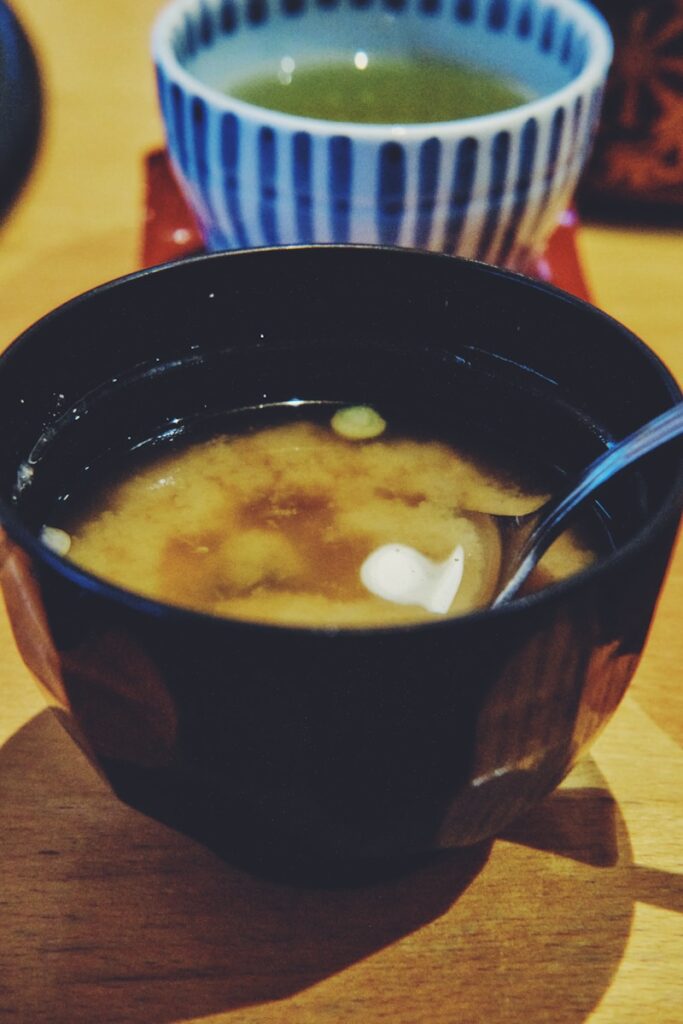 Miso soup and green tea.