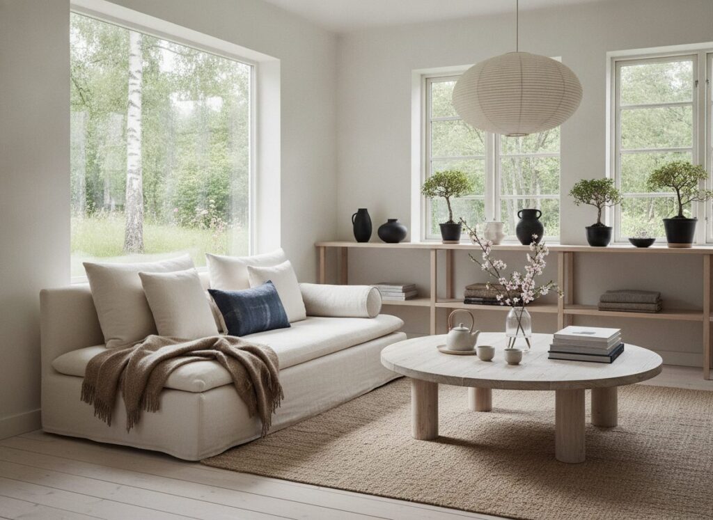 Japandi in een Scandinavisch zomerhuis met natuurlijke materialen Japandi in een Scandinavisch zomerhuis met natuurlijke materialen