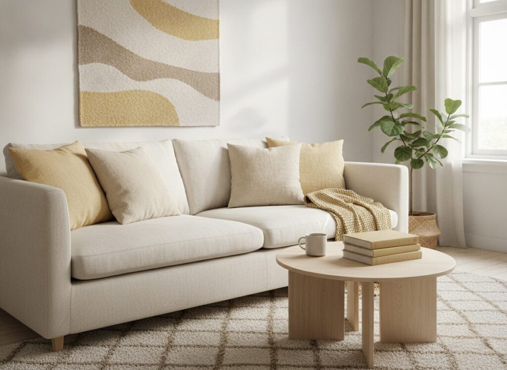 Een Scandinavisch interieur met een zacht geel en beige kleurenpalet