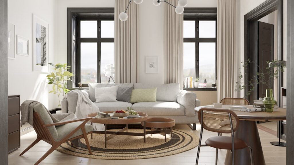 Scandinavische designklassiekers combineren in een modern interieur render with Taitopia Render