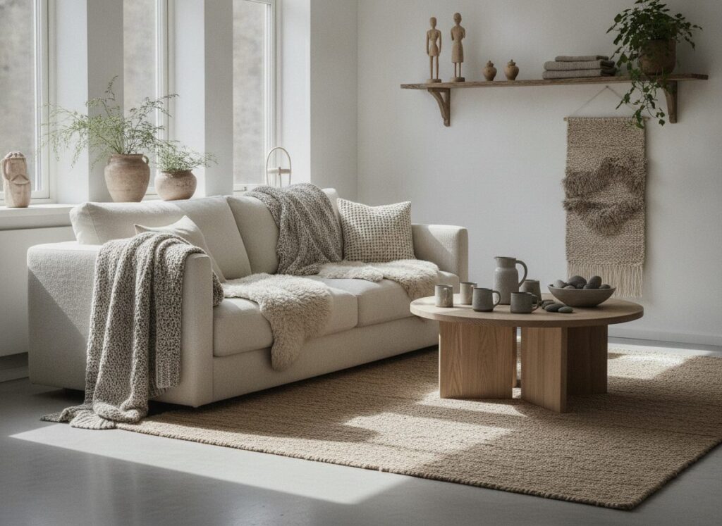 Warm Scandinavisch interieur met ambachtelijke en tactiele materialen Warm Scandinavisch interieur met ambachtelijke en tactiele materialen