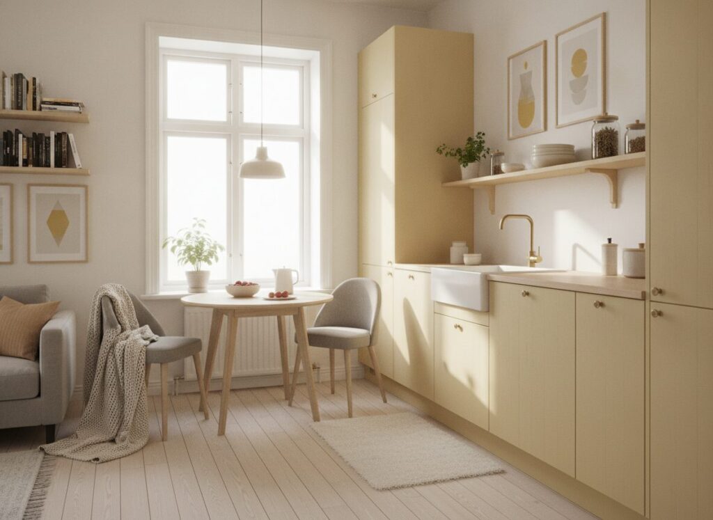 Zachtgele keuken in Scandi-stijl verwarmt klein appartement Zachtgele keuken in Scandi-stijl verwarmt klein appartement
