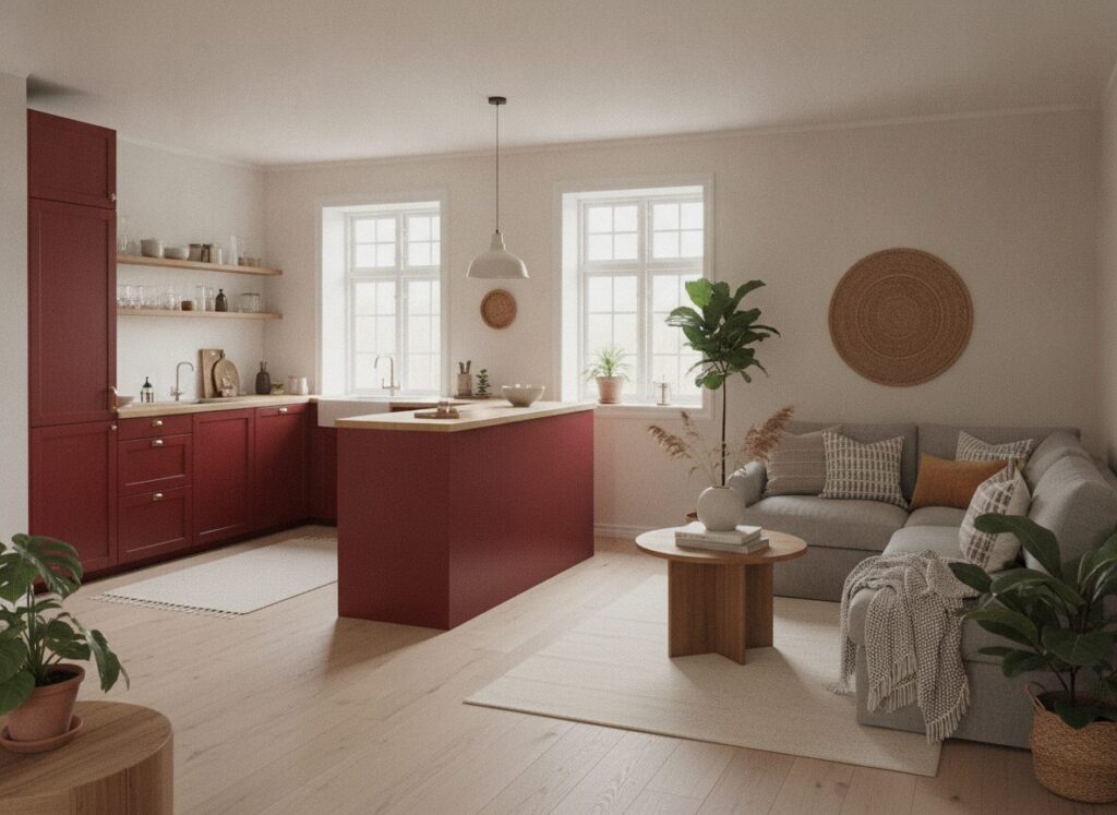 Een rode keuken in Scandinavisch interieur als levendig kleuraccent Een rode keuken in Scandinavisch interieur als levendig kleuraccent