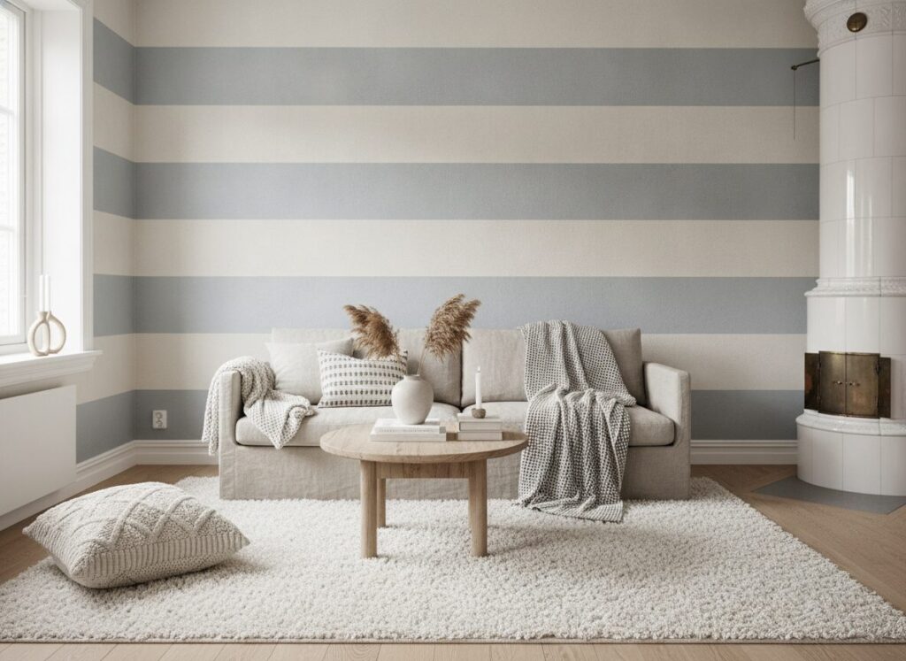 Gestreepte muren in Scandinavische stijl voor een ruimer appartement Gestreepte muren in Scandinavische stijl voor een ruimer appartement