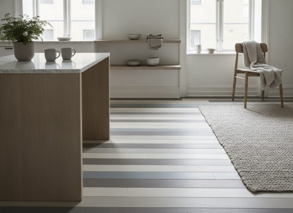 Nieuwe Scandinavische trend voor geschilderde houten keukenvloeren Nieuwe Scandinavische trend voor geschilderde houten keukenvloeren