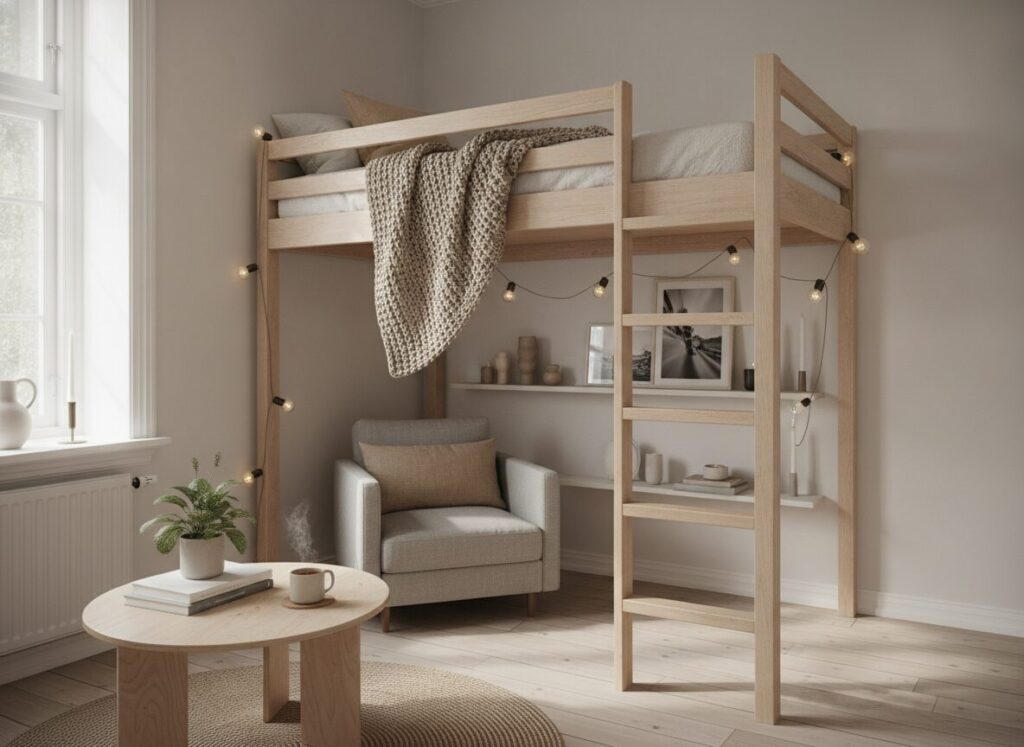 Een piepklein appartement scandinavisch inrichten met een hoogslaper