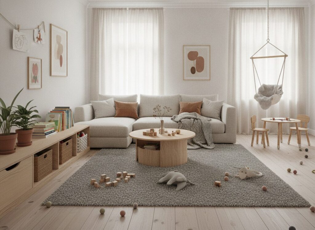 Scandinavisch wonen met kinderen: een woonkamer die tegen gebruik kan Lichte Scandinavische woonkamer met houten vloer, wollen kleed en speelgoed in een gevlochten mand