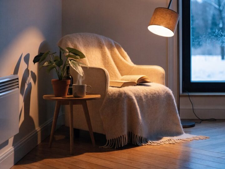 Verwarmde woonkamerhoek met een fauteuil bij het raam