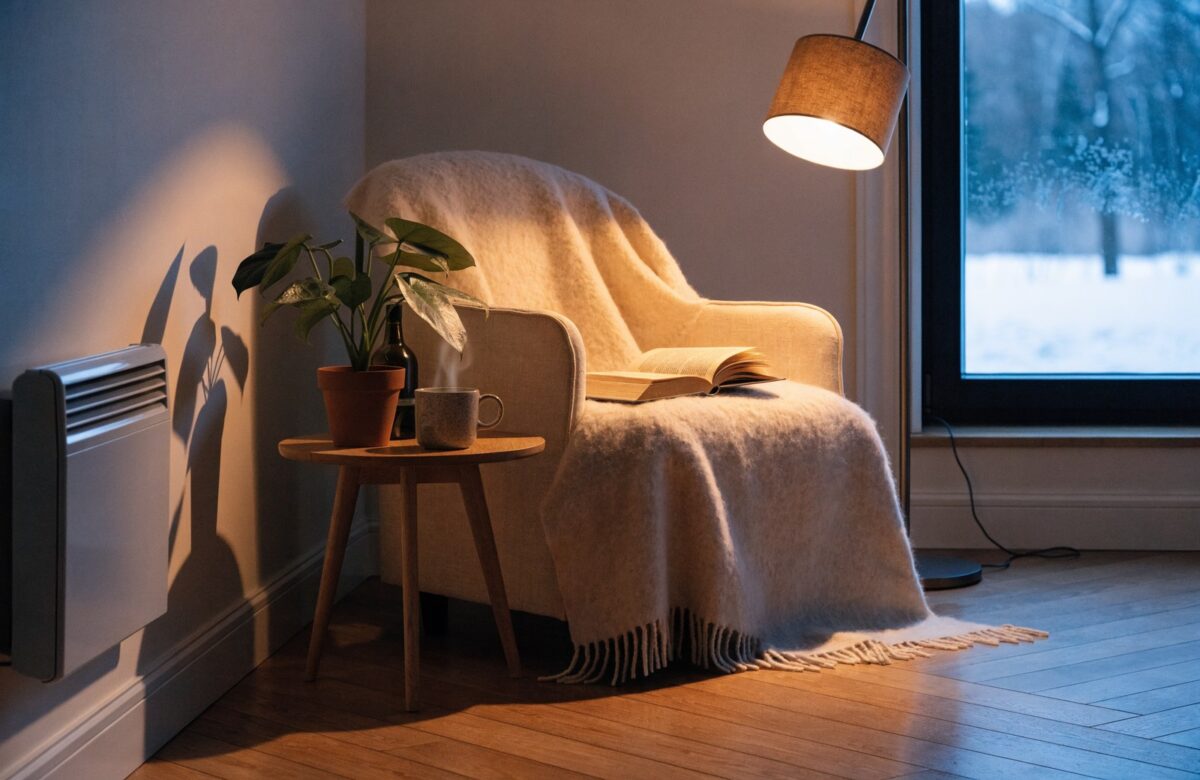 Verwarmde woonkamerhoek met een fauteuil bij het raam