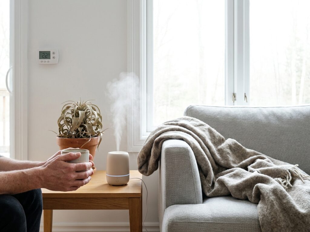 Droge lucht in huis zodra de verwarming weer aangaat Beslagen ruit en hygrometer in een lichte woonkamer aan het begin van het stookseizoen