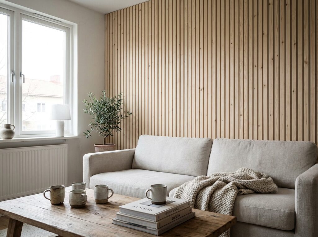 Zelf een lattenwand van vuren maken voor achter de bank Wand van smalle verticale vuren latten achter een lage bank in een licht Scandinavisch interieur
