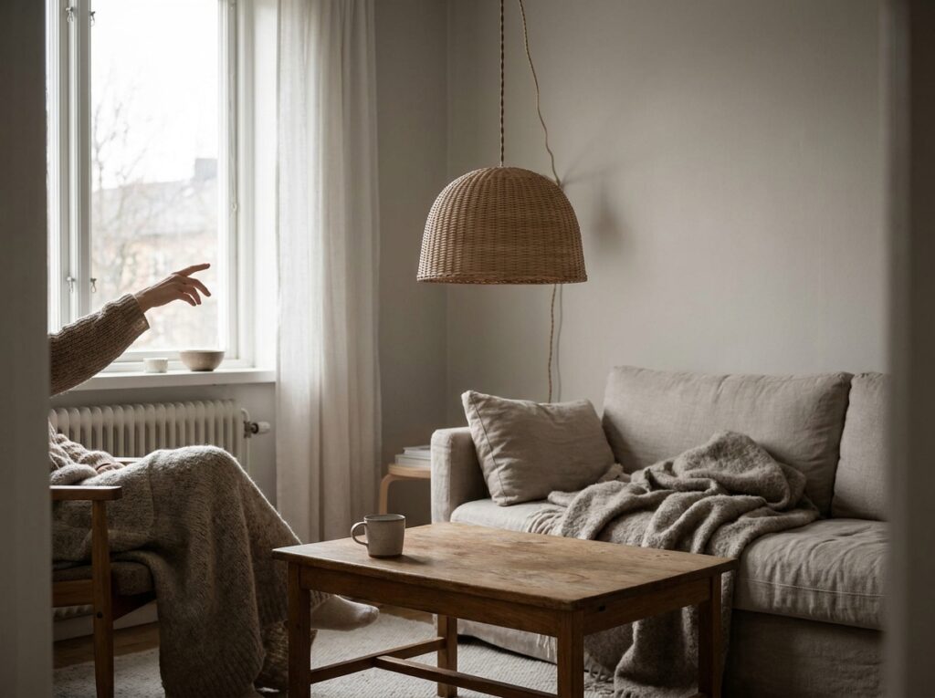 Schemerige woonkamer met een tafellamp en een schemerlamp op ooghoogte, plafondlamp uit