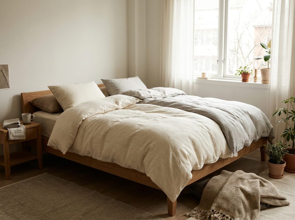 Tweepersoonsbed met twee losse eenpersoonsdekbedden naast elkaar in een lichte slaapkamer