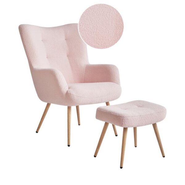 VEJLE II - Fauteuil met hocker - Pastelroze - Bouclé van Leen Bakker