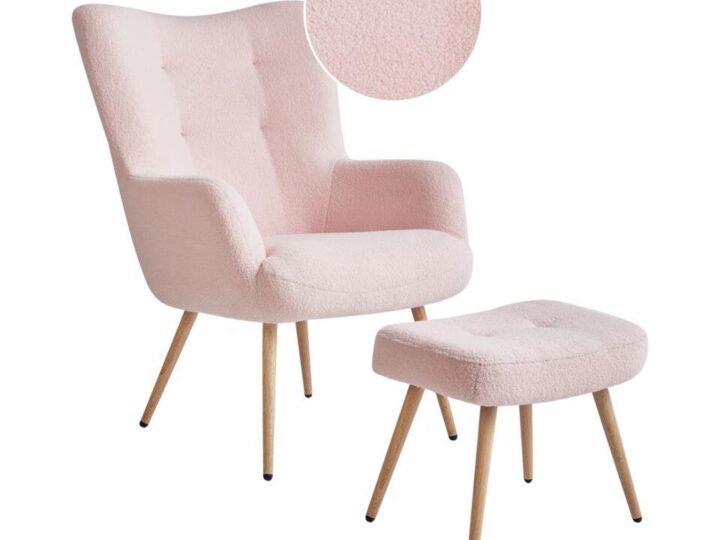 VEJLE II - Fauteuil met hocker - Pastelroze - Bouclé van Leen Bakker